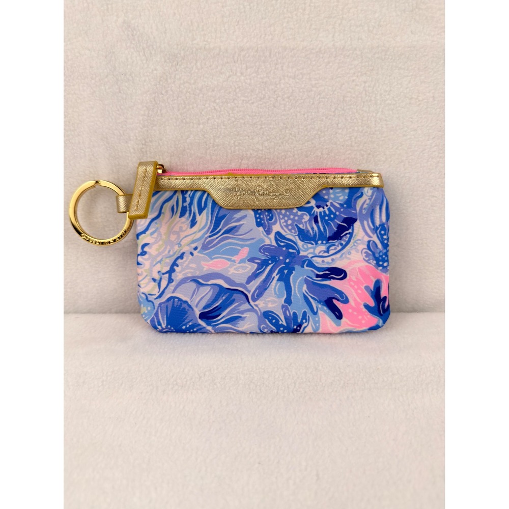 Lilly Pulitzer ID Case Keychain Blue Pink Floral Aquatic Gold Trim Wallet